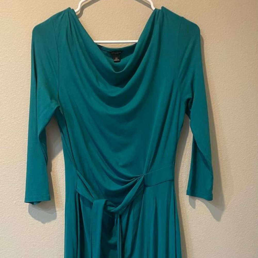 Ann Taylor Green Draped Neck 3/4 Sleeve Dress